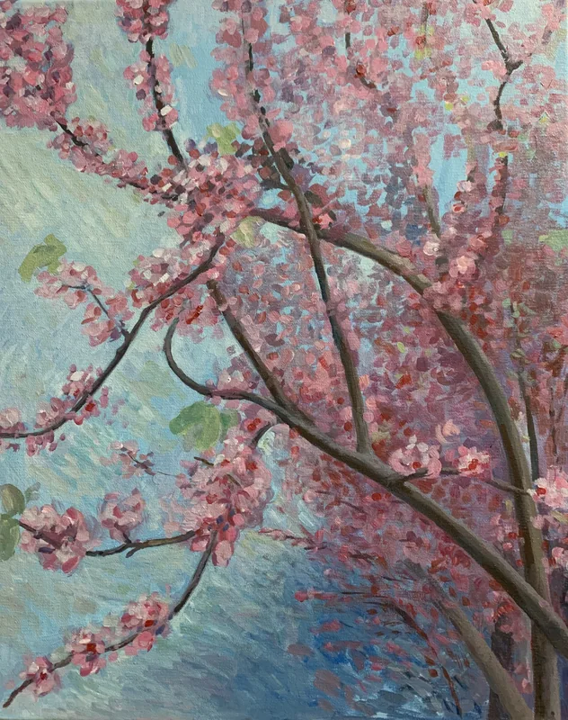 深褐色枝干斜向伸展,枝头密布粉色花朵,背景为蓝绿相间的色块。