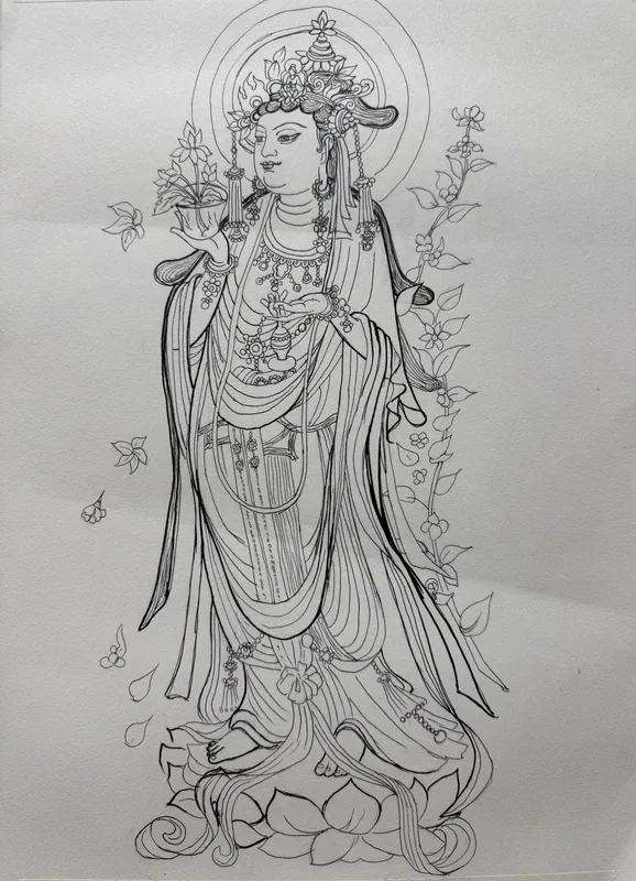 线描人物头戴冠饰,身披层叠衣带,手托花盏站在莲台上,身后环绕光环与花枝。
